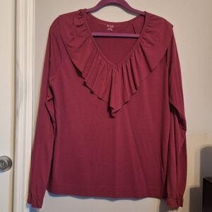 Women's Ruffled V-Neck Top - Burgundy